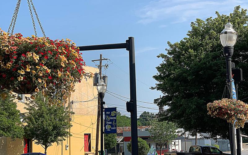 Flower baskets, shown here, were recently taken down in downtown Hartwell. 