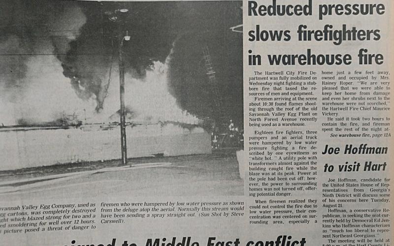 The front page of the Aug. 15, 1990 edition featured a photo and story about a warehouse fire on N. Forest Avenue in Hartwell. 
