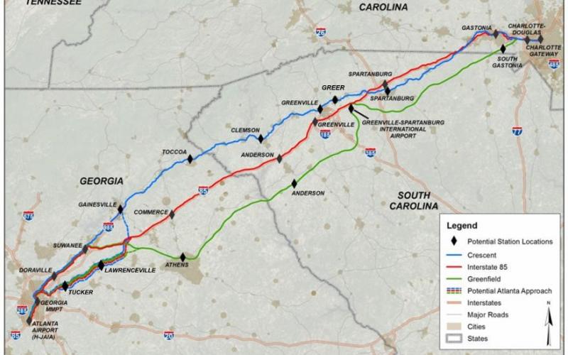 Map submitted by GDOT — This map shows the proposed possible routes of a high-speed rail system from Atlanta to Charlotte, N.C., one of which could run near or through Hart County