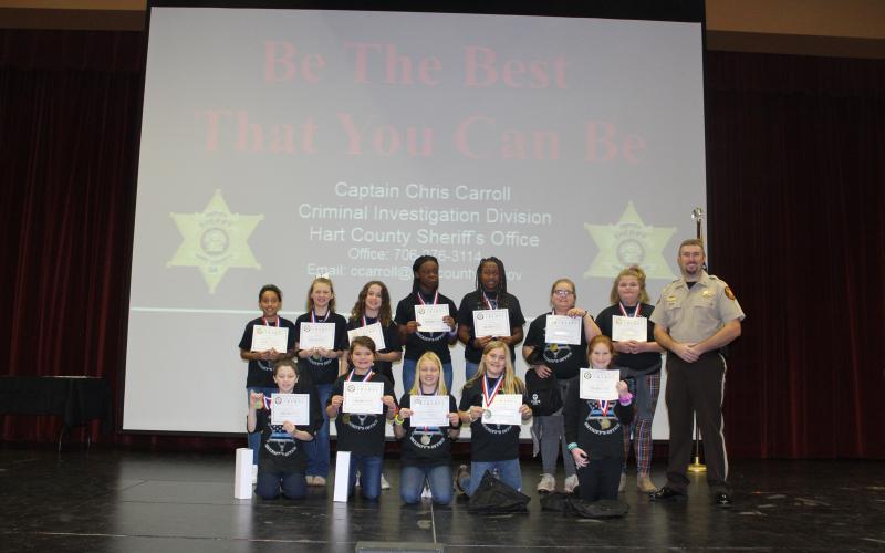Winners of the Anti-Drug and Alcohol poster winners are front row from left to right, Kadyn Cromer, Cara Cook, Chloe Hendrix , Peyton McCollum and Ashley Brown. Back Row from left to right are Deanna Howell, Kalee Bond, Leah Fleeman, Ka’lis Blackwell, Mckenzie Teasley, Mickinzie Clark and Jacee Adams.