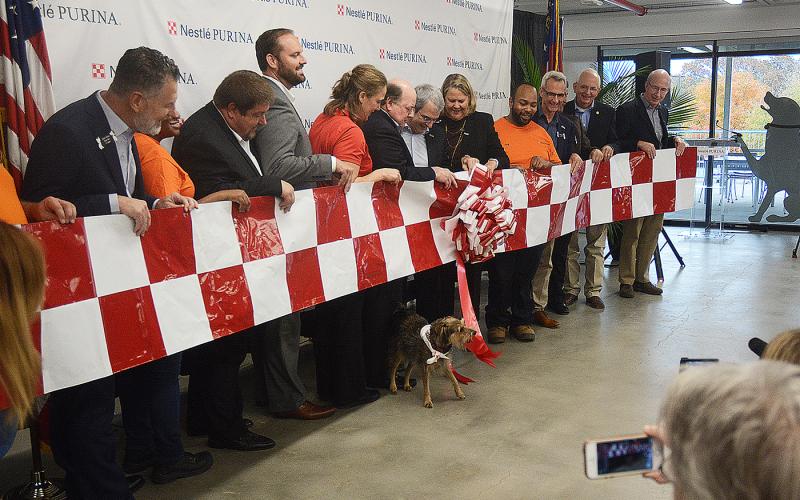 Sunshot from file - City, state and county officials along with representatives from Nestlé-Purina watch as a dog pulls the ribbon, officially opening the company’s Hartwell production facility in November. 