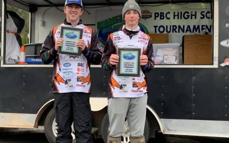 Photo submitted - Max Heaton, left, and Tallis Morrison, right, show off their second-place plaques at the PBC tournament on Lake Russell.