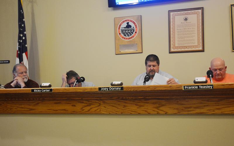 Hart County commissioners Marshall Sayer, from left, Ricky Carter, chairman Joey Dorsey and Frankie Teasley are shown at the special-called meeting Wednesday night.