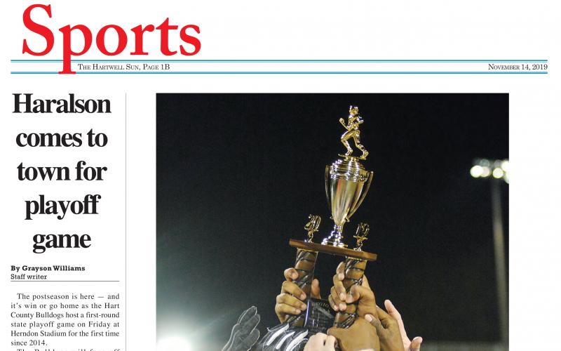 The Sun's Nov. 14 sports front page is shown. Grayson Williams was awarded first place recently for sports coverage in Division E. 