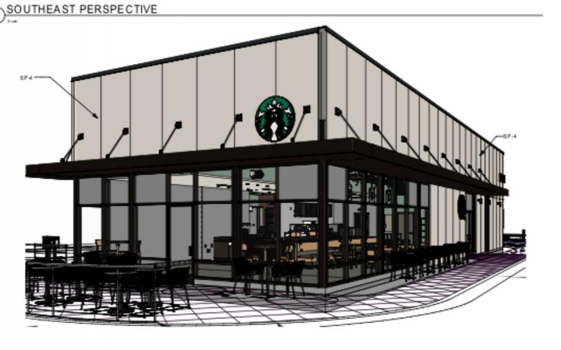 Photo submitted — A rendering shows what a potential Starbucks in Hartwell could look like from the Southeast perspective. 