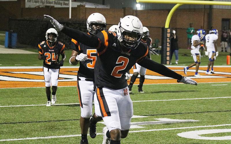 Sunshot from file — Hart County safety Montae Maxwell puts his arms like an air plane in celebration after making a play for the Bulldogs’ in 2019. Maxwell recently committed to play college ball at Georgia Southern University.