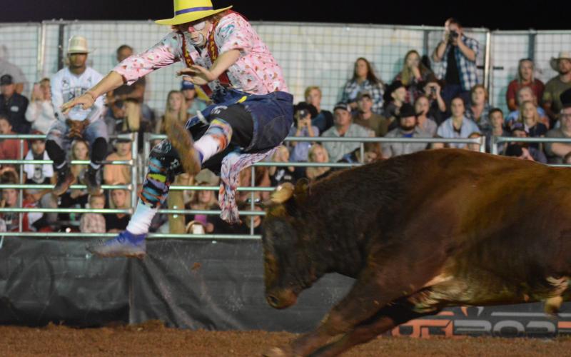 Justin Josey, of Apache, Okla., jumps over a charging bull as it bursts out of the gate.