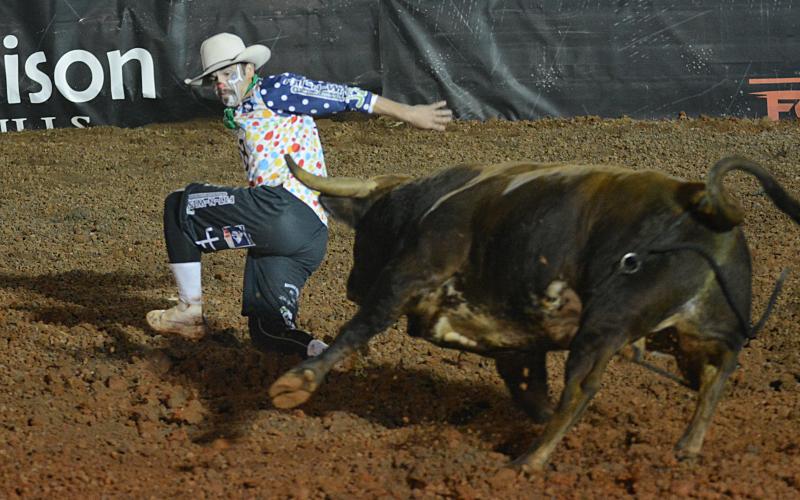 Beau Scheuth, of O’Neill, Neb., stumbles as he tries to evade a charging bull during the UBF Southern Classic in Bowersvile on Saturday, Sept. 26. 