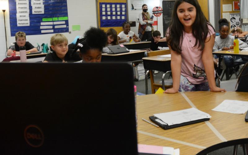 Students in Renea Colson’s fifth-grade class participate in a Zoom call with University of Georgia football players on Tuesday, Sept. 29. 
