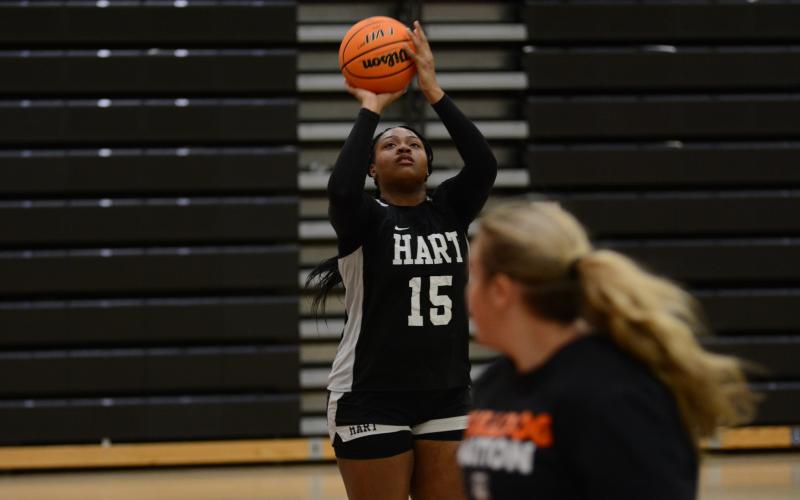 Sunshot by Grayson Williams - Taniya “Nesha” Alexander puts up a shot at practice this week for the Hart County Lady Bulldogs. 