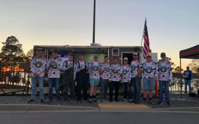 Photo submitted - The Hart County High School anglers pose for a photo after winning the Palmetto Boat Center Tournament on Lake Hartwell. Pictured are Rafe Maxwell, Max Heaton, Tallis Morrison, Dallas Hancock, Xander Patton, Dawson Carden, Griffin Milford, Austin McCall, Hunter Heaton, Austin Mercer and Landon Bannister