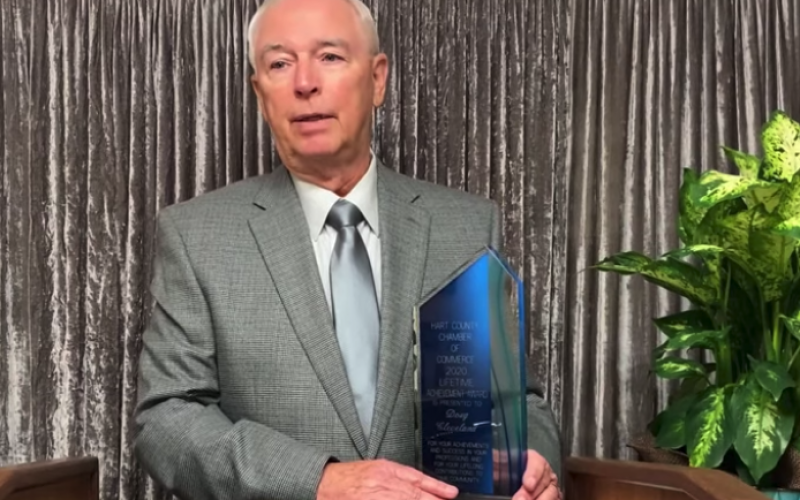 Photo from screenshot - Doug Cleveland accepts the Lifetime Achievement Award from the Hart County Chamber of Commerce recently in a virtual awards banquet.