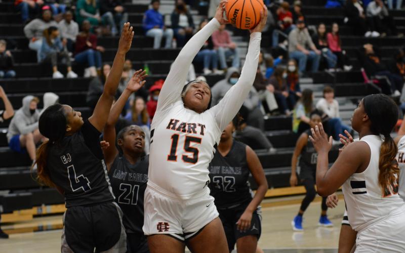 Taniyah “Nesha” Alexander pulls down one of her 20 rebounds on Tuesday, Feb. 2, against East Jackson at Hart County High School.
