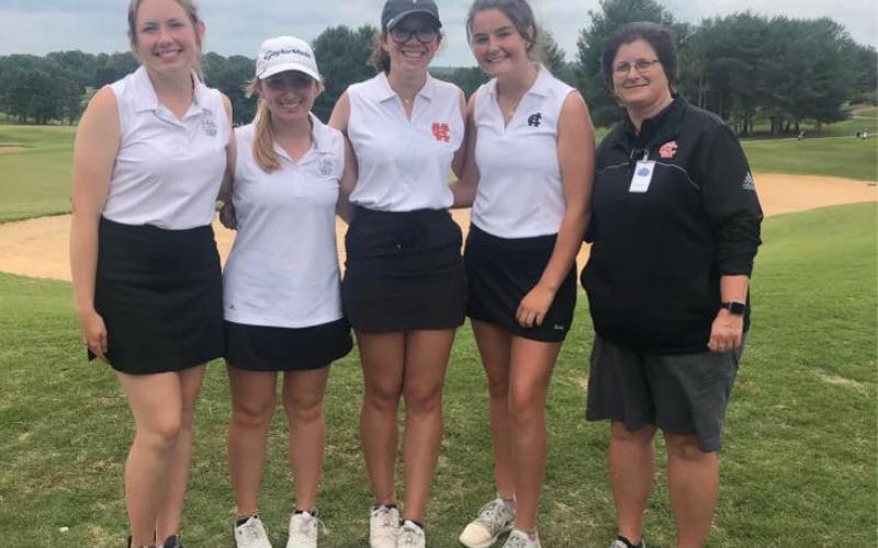 Photo submitted - The Hart County girls’ golf team poses for a photo after capturing fifth place at the Class AAA state championship tournament at Apple Mountain in Clarkesville. Pictured from left to right are Ashlyn Stanton, Lauren Weaver, Mary Elizabeth Jackson, Ella Franklin and head coach Wende Peloquin.