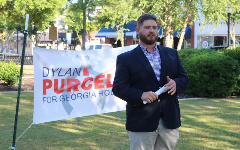 Grayson Williams/The Hartwell Sun Dylan Purcell announces his candidacy for Georgia House of Representatives District 32 on Saturday at the courthouse square in Hartwell.