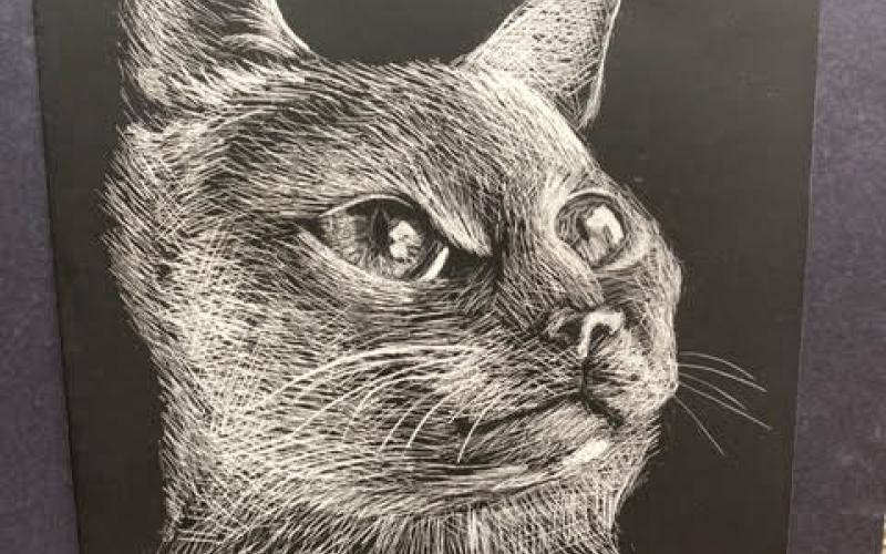 The “Our Artful Youth” exhibit includes piece s from Catherine Nguyen. Nguyen, a junior in Amanda Ayers’ class, titled her scratchboard piece “William.”