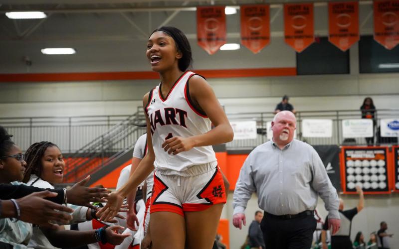 The Lady Dogs lone senior Valasha Carter checks out for possibly her final time on the hardwood at Hart County High School as a Lady Dog. (Photo by Lexie Wheless)