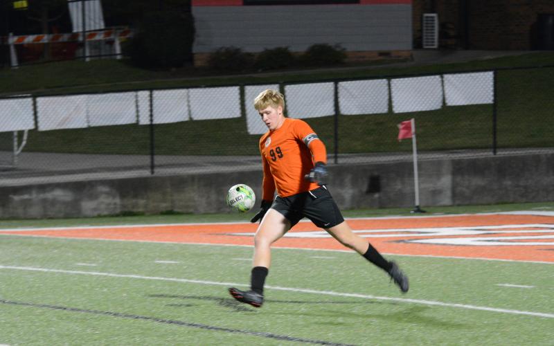 Junior goalie Ayden Thomason punts the ball down the field in the 2-0 home loss to rival Elbert County on Tuesday.