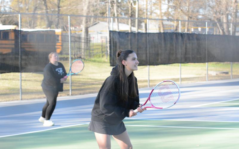 Pictured from left to right is Peyton Gaines and Lorena Stori as they lost in a third set, 10-5 against Hebron Christian on Tuesday.