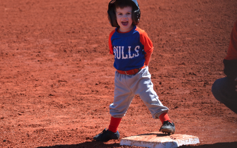 Pictured is Declan Moon excited after making it to first base on Hart County Little League’s opening day March 18.