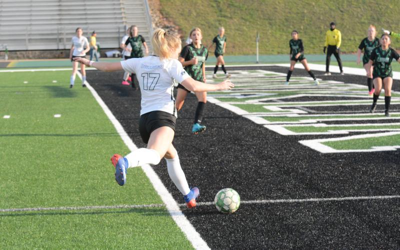 Pictured is sophomore midfielder Teague Pierce as she scores one in the 5-0 clean sheet  win over Franklin.