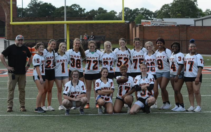 Pictured are the juniors as they defeated the seniors, 21-6 in the 2023 Powderpuff game. First row from left to right is Emily Evans, McKinley Ivester, Tykira Partlow, and Madison McLane. Second row from left to right is Luke Christopher, Bella Chitwood, Lillie Kate Rogers, Abigail Hubbard, Dakota Phillips, Caitlyn Clark, Chloe Bennett, Gracie Cook, Payton Mewborn, Hannah Harris, Jazz Shealer, Lakeria Groove, and Alijah Barber. Not pictured is Ella Franklin, Amelia Johnson, and Ryan Williamson