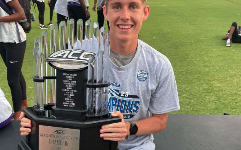 Former Hart County and current Clemson track and field runner Sam Garringer poses with the 2023 ACC Championship trophy.