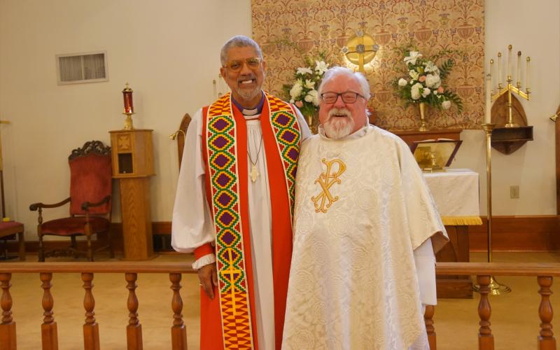 Pictured during the Sunday service at St. Andrew’s Episcopal Church are the Right Rev. Robert C. Wright, Bishop of the Episcopal Diocese of Atlanta (left) and the Rev. Reid H. Hamilton, priest-in-charge. 
