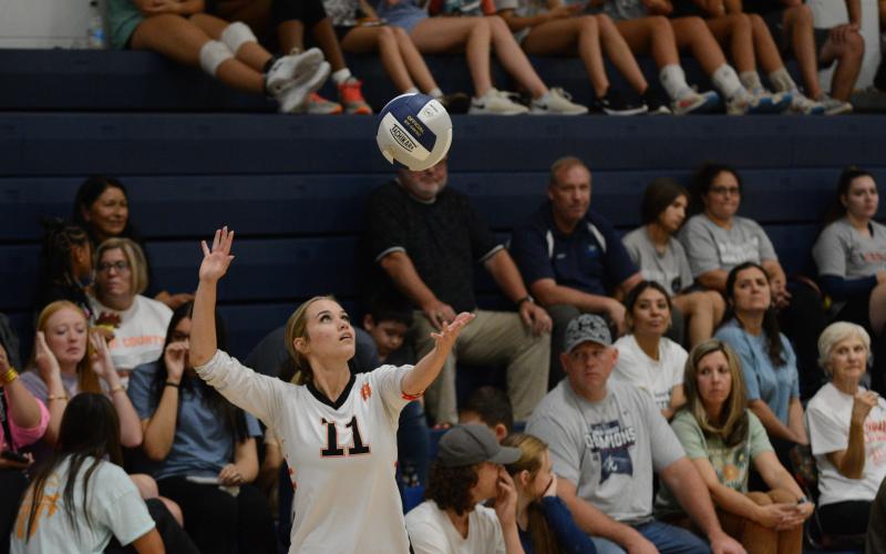 Senior Abby Hubbard serves the ball into play as the Volley Dogs split on the road Sept. 12. They fell against Oconee County in two sets, 2-0 and beat Franklin County in two sets, 2-0.