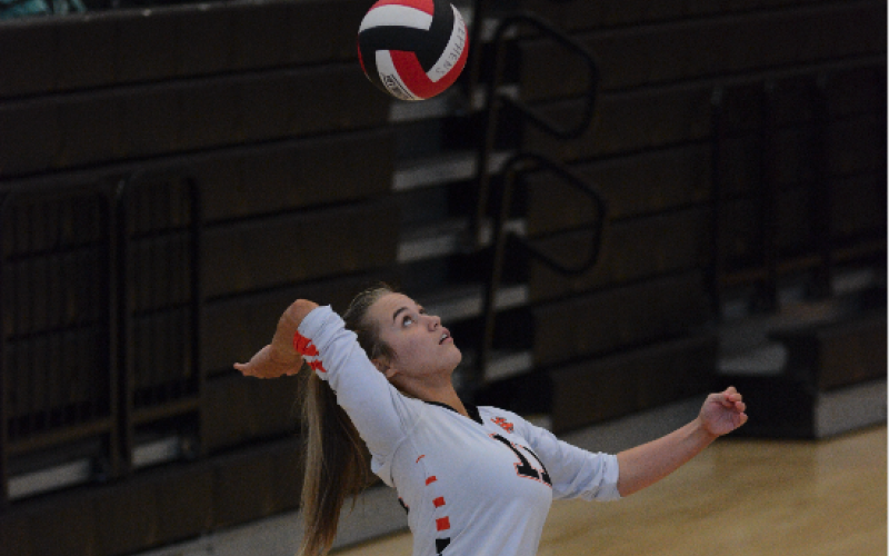 Senior Abby Hubbard serves a ball into play in their two set win over Stephens County Sept. 26, (25-7) and (25-18).