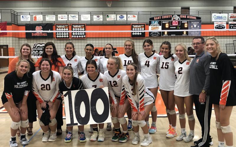 The Volley Dogs senior class picked up their 100th win Oct. 9 as they defeated Westside of Anderson, S.C. at home in four sets, 3-1. First row from left is Brooke Hubbard, Olivia Hancock, Peyton Mewborn, Teague Pierce and Mallory Clarie Wiggs. Second row from left is head coach Kate Beardsley, assistant coach Ashley Teasley, Lillie Kate Rogers, Alexis Walker, Kiera Jester, Dakota Phillips, Ryann Williamson, Ella Franklin, Hannah Harris, assistant coach Mike Atkins and Piper Phillips.