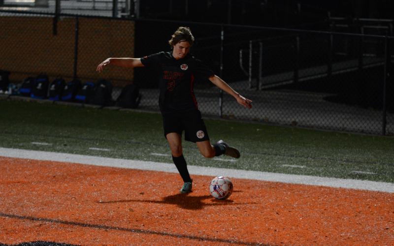 Pictured is sophomore midfielder Trey Mantooth looks to cross the ball into the 18-yard box.