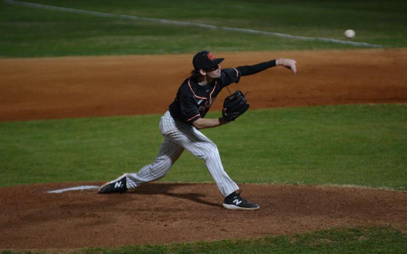 Pictured is senior pitcher Will Pittman as he went four innings with only one hit, one run, and had four strikeouts in the 2-1 win in the home opener against the Red Raiders of Madison County on Feb. 16. 