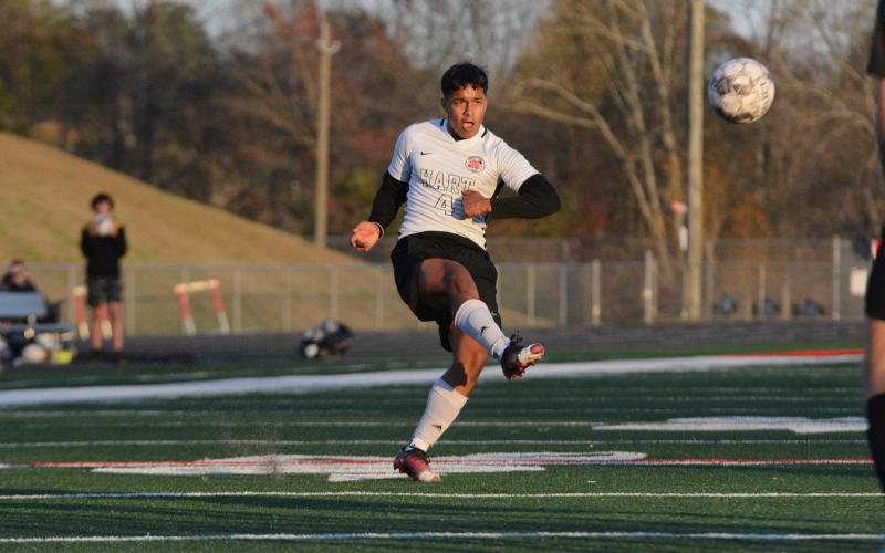 Senior midfielder Fabian Rodriguez Escobedo almost scores off of a free kick in the 7-3 loss to Stephens County.