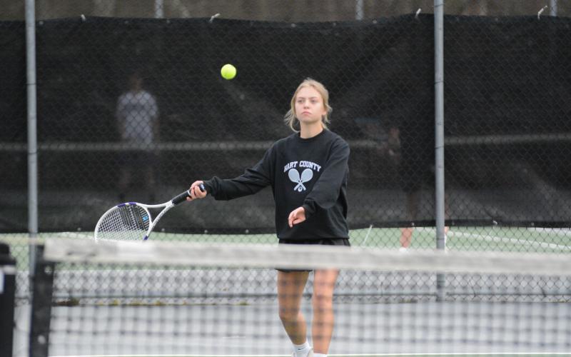 Seniors Dakota Phillips and Hannah Harris (pictured) end their career with the Racket Dogs after a 3-0 loss in the region tournament at Oconee County on April 10.