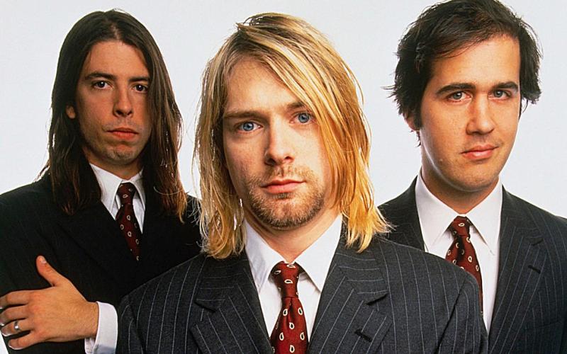 Nirvana, the preeminent band of the 1990s. From left to right: Drummer Dave Grohl, lead guitarist and vocalist Kurt Cobain, and bassist Krist Novoselic.