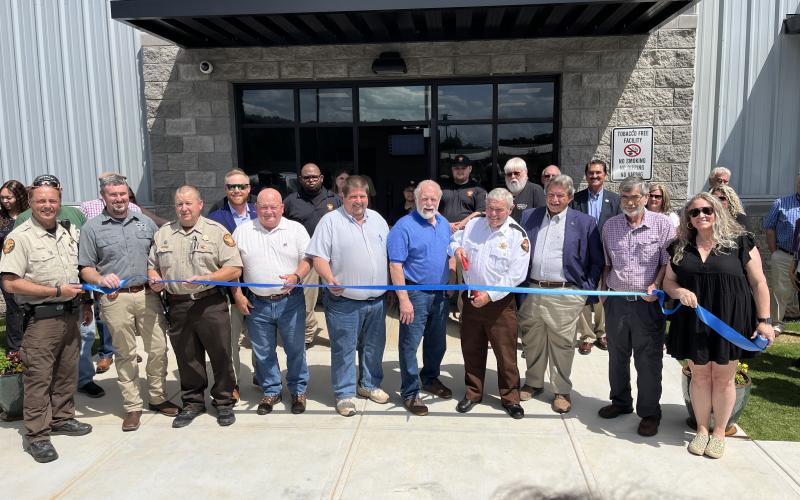 Hart County dignitaries were on hand at the new Hart County jail for a ribbon cutting April 29. Pictured from left to right: Capt. Wayne Hinson, Capt. Chris Carroll, Capt. David Cleveland, Commissioners Jeff Brown, Frankie Teasley, Joey Dorsey, Marshall Sayer, Sheriff Mike Cleveland, Rep. Alan Powell, Terrell Partain, and Lindsey Ingle. 