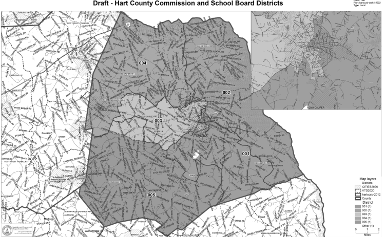 The above map features the county’s newly redrawn district lines, approved Feb. 14 by the Hart County Board of Commissioners. The map can also be found in color and online at hartcountyga.gov.
