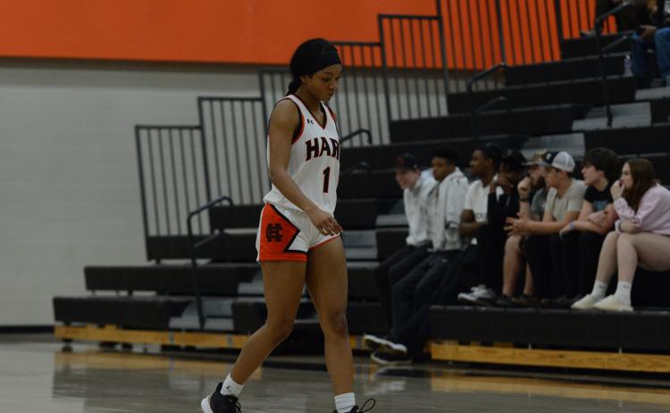 Lady Dogs lone senior Valasha Carter steps off the floor for the final time for Hart County in the 41-34 loss to Dawson.