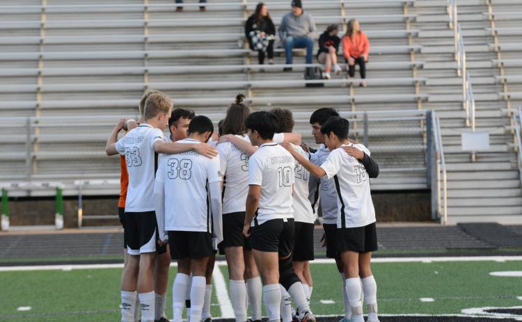 The Hart County boys soccer team huddled up before kickoff on the road at Franklin County on Tuesday.