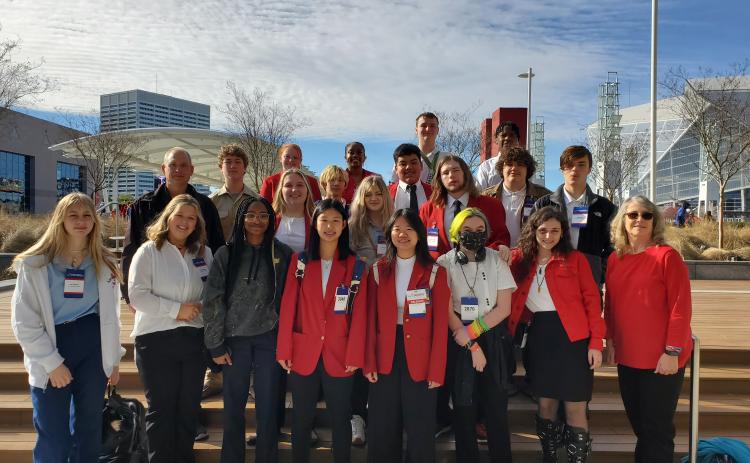 Pictured is the Hart College and Career Academy SkillsUSA team at the Georgia World Congress Center. Pictured from left to right are, front row, Lexi VanMeter, Olivia Whitmire, Terriah Bush, Honor Chiang, Huong Pham, Phoenix Daigneault, Helen Cook, advisor Vicky Carter, middle row, advisor Chris Whitmire, Luke Johnson, Katlyn Howell, Wallace Pham, Bella Chapman, Richard Terrell, Alex Wilson, Jacob Bern, back row, Savana Kotal, Kyleigh Brown, Andres Pano, Andrew Pattillo, and Avian Herd.