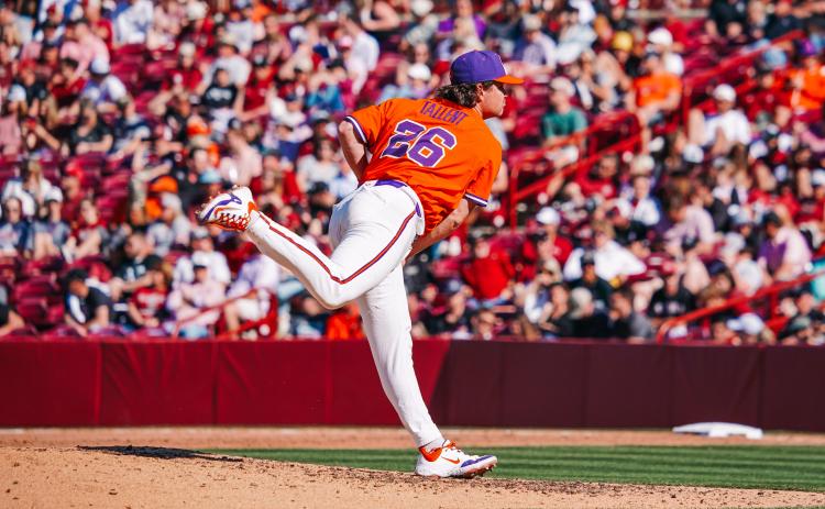 Former Hart County and current Clemson sophomore relief pitcher Casey Tallent delivers a pitch in a rivalry game against South Carolina in Columbia as the Tigers fell, 11-9. Photo by Clemson Athletics.