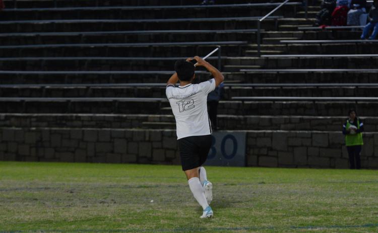 Pictured is senior defensive back Jonathan Velazquez celebrating after tying up the game 1-1 in the 8-1 road loss to Elbert County on April 3.
