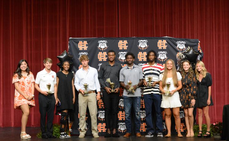Pictured from left to right is Lexie Wheless (Host), Matt Gibbs (Coach of the Year), Kiasia Montgomery (Team of the Year - Girls Basketball), Coleman Moore (Newcomer of the Year), Tahj Johnson (Freak of the Year), Paul Davis (Iron Athlete), Ty Bates Jr. (Moment of the Year - dunk at Elbert County), Dakota Phillips (Female Athlete of the Year), Laurel Griggs (Host), and Kylie Seawright (Host). Not pictured is Nori Moore (Male Athlete of the Year).