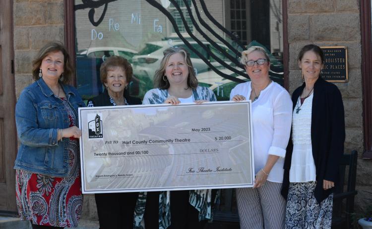 The Hart County Community Theatre held a celebration for the $20,000 emergency grant on Wednesday, May 3 from the Fox Theatre Institute. Pictured from left to right is Donna McDowell (Secretary of the Hart County Community Theatre), Kay Cleveland (Board of Directors for the Hart County Community Theatre), Leigh Burns (Director of the Fox Theatre Institute), Lani Sessoms (President of the Hart County Community Theatre), and Lori Forester (Marketing Director of the Hart County Community Theatre).