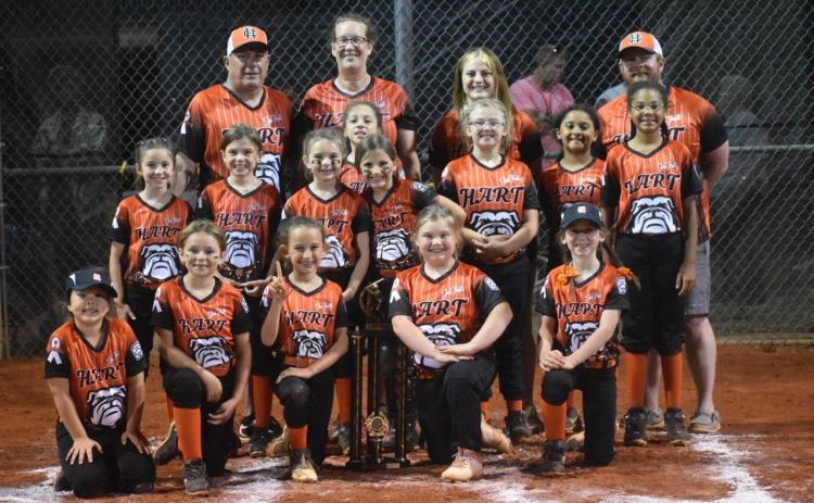 Pictured is the Hart County Liittle League rookie softball team. Front Row L-R: Angelina Mead, Maci Eberhardt, Amelia McGaha, Harper Hershberger, and Ellie Vaughn. Middle Row: Charlie Roper, Kayden Griffin, Kenzie Miller, Amelia Hunt, Tilley Schnell, Keeley Sanders, Leighonna Freeman, and Nova Grace Koffi. Back Row: Coaches Todd McGaha, Nancy McGaha, Boo Mitchell and Jay Bailey.