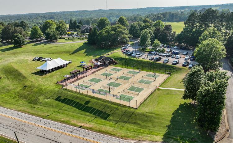 A drone shot of the Cateechee pickleball courts located off of Elberton Highway in Hartwell.
