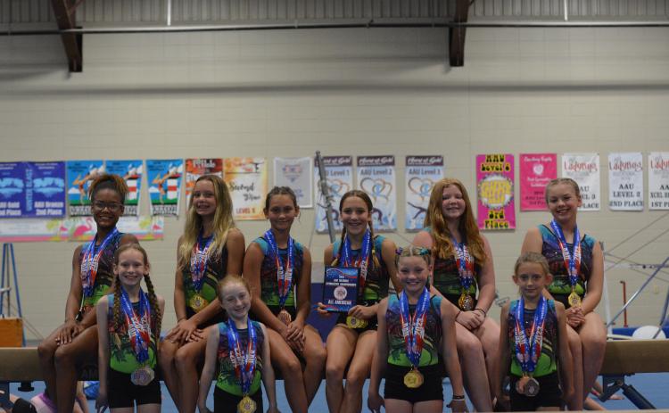 Pictured is the Hartwell Twisters first and second place finishers at the AAU Gymnastics National Championship that was held in Orlando, FL on July 1. First row from left to right: Kennedi Pennington, Tristyn Thompson, Gracen McAdams, and Emma Kale Garland. Second row from left to right is Cheyenne Rucker, Julianne Bond, Maci Dudley, Madalyn Dault, Chastyn Haney, and Charley Lloyd. Not pictured is Adrianna Pennington.