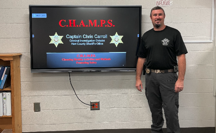 (Photos submitted) Hart County Sheriff’s Office Capt. Chris Carroll began the CHAMPS program at South Hart Elementary School Monday, Aug. 14. The program teachers students about a variety of topics including drugs, alcohol and internet, firearm and water safety. 