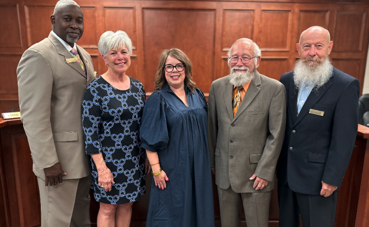 Pictured is the Hart County Board of Education, a Georgia School Boards Association 2023 Exemplary School Board. Pictured, from left to right, are Vice Chair Lonnie Robinson, District 2 Representative Henley Cleary, Chair Kim Pierce, District 4 Representative Richard Sutherland, and District 5 Representative Dennis Dowell.